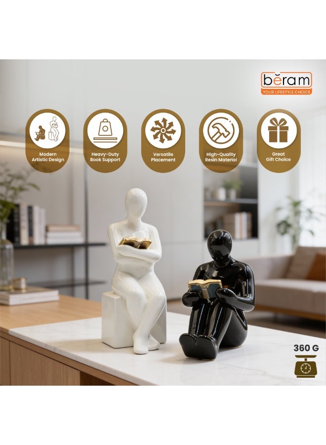 بيرام فواصل كتب بيرام بتصميم شخصية القارئ باللونين الأبيض والأسود، مصنوعة من راتنج عالي الجودة بتصميم مجسمات أنيقة على شكل قارئ، لتضيف لمسة عصرية وبسيطة إلى ديكور رفوف الكتب والمكاتب والمكتبات المنزلية. تتميز بالثبات والمتانة، وتعمل كحامل عملي للكتب مع مظهر ديكوري أنيق، مما يجعلها مثالية لـالمكاتب وغرف الدراسة. - Image 3